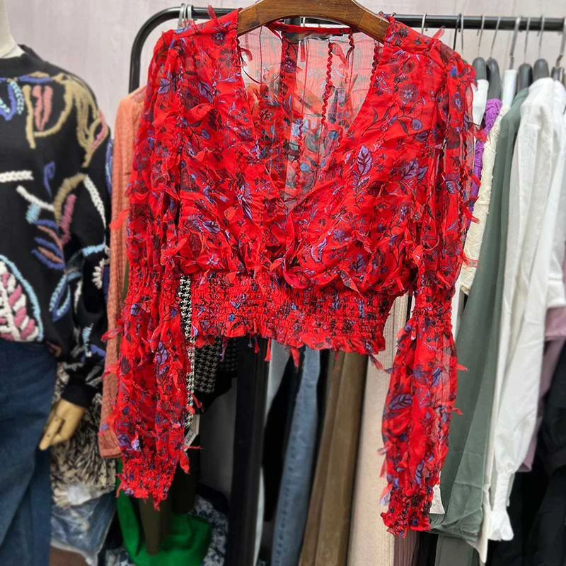 

Good Quality Spring V Neck Red Short Blouse Women Stylish Cropped Tops For Woman Sexy Blusas Slim Print Womens Shirts