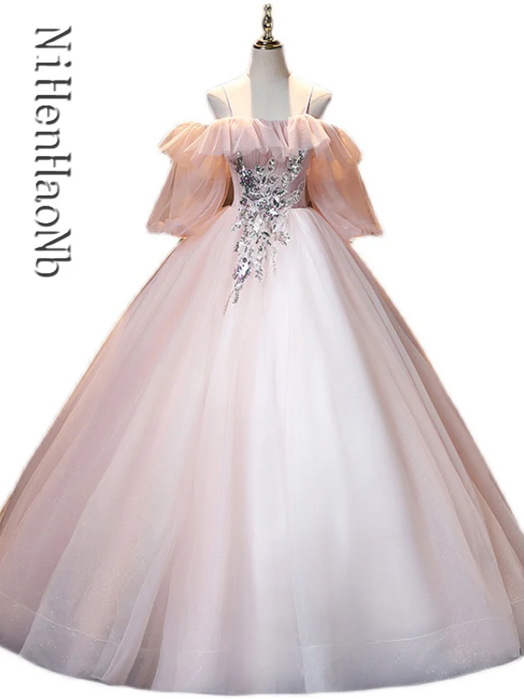 

Spaghetti Straps Pink Puffy Sleeves Sweet 16 Girl's Homecoming Dress Women Prom Party Quinceanera Dresses Ball Gowns
