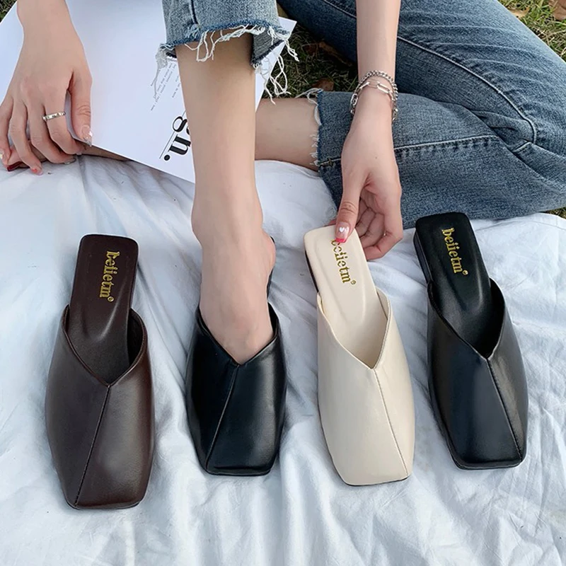

Mules For Women 2022 Cover Toe Flat Shoes Female Ladies' Slippers Low Pantofle Luxury Slides Square New Summer Designer Spring P
