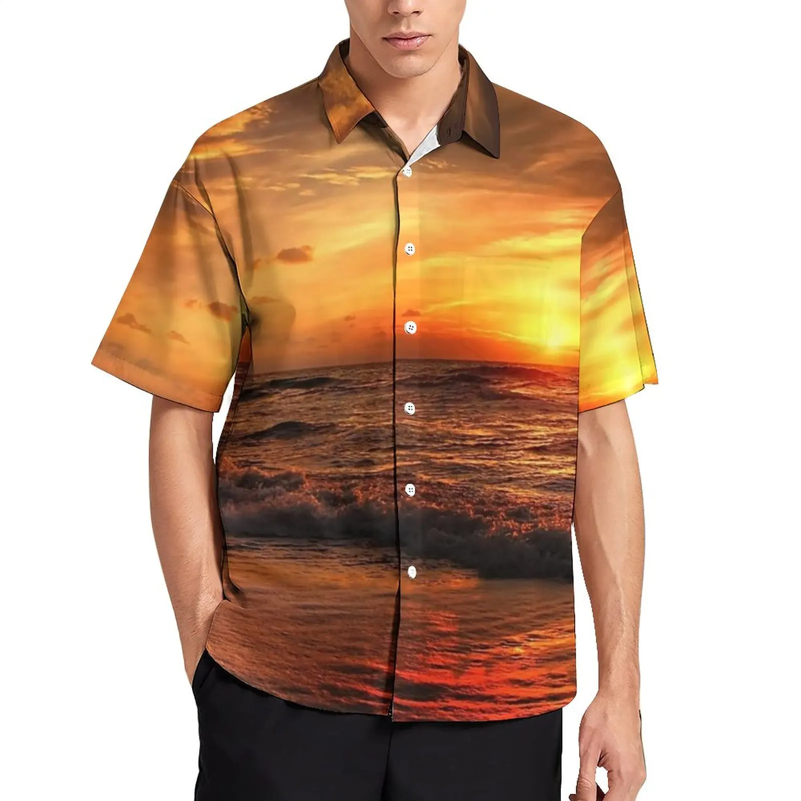 

Sunset Print Blouses Male Sea Waves Casual Shirts Hawaiian Short Sleeve Design Trending Oversized Vacation Shirt Gift Idea