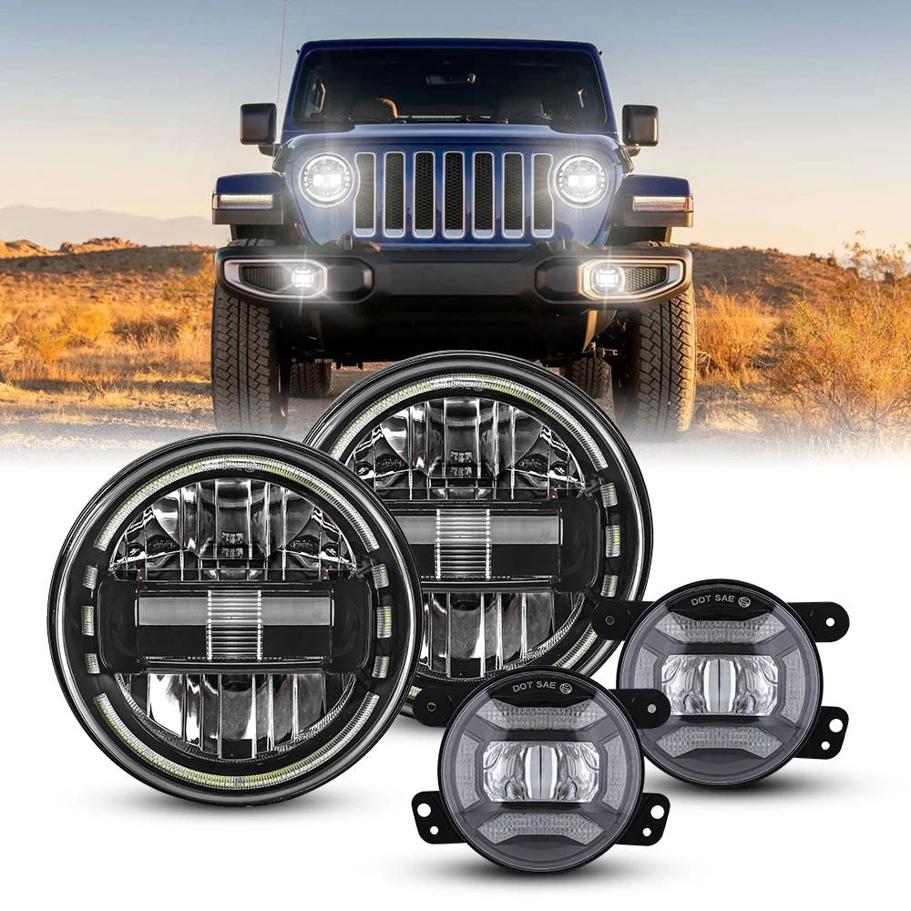 

4"Fog Light + 7"Inch Round LED Headlights Fit For Jeep Wrangler JK JKU 2007-2018 TJ LC CJ[HALO DRL/Turn Signal]Head Light