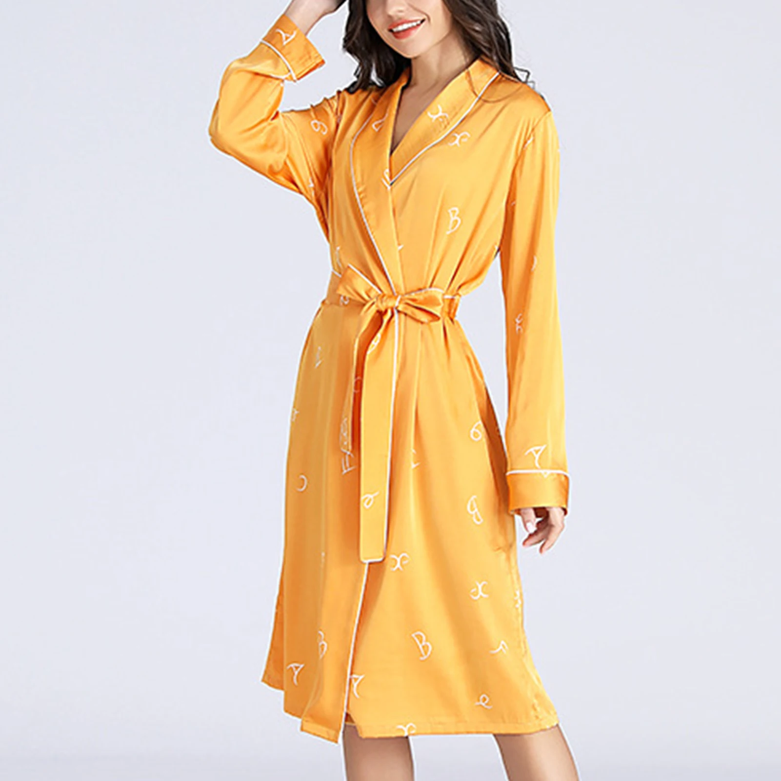 Spring Summer Silk Nightdress Mid-Length Women's Bathrobe Long Sleeve Nightclothes