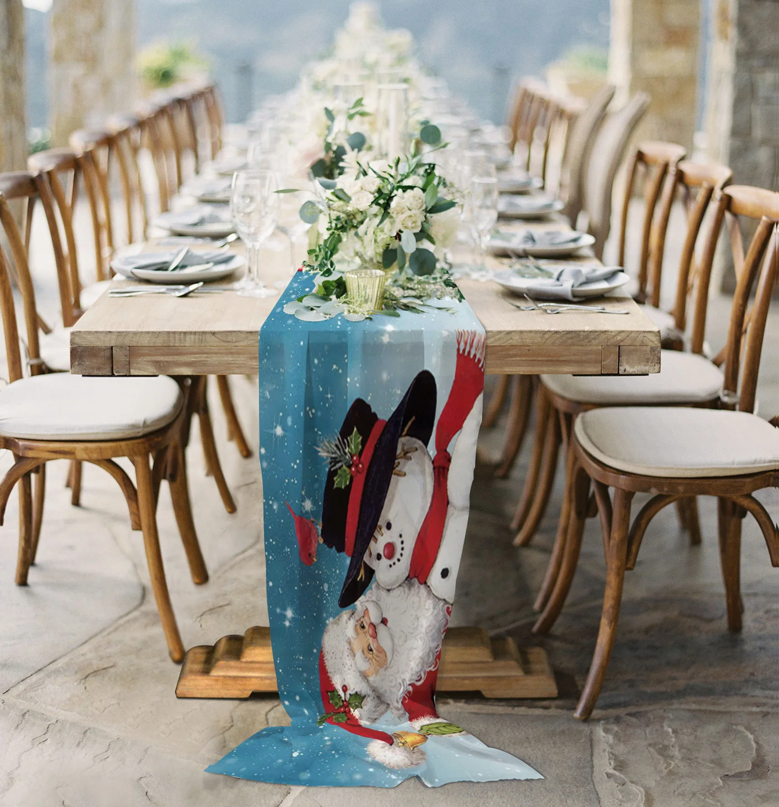 

Merry Christams Tree Santa Claus Sheer Chiffon Table Runner Country Wedding Party Tulle Voile Table Cloth Home Decoration