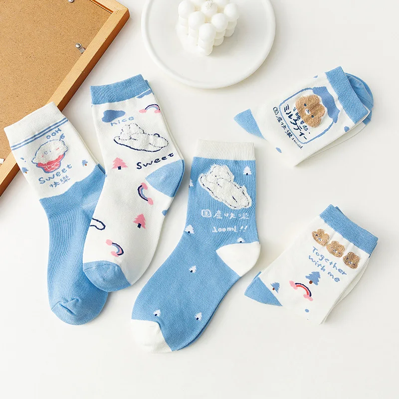 

Cartoon Woman Sock Printing Bear for Women Socks Fashion Kawaii Cotton Sox Casual Absorb Sweat Blue College Style Calcetines