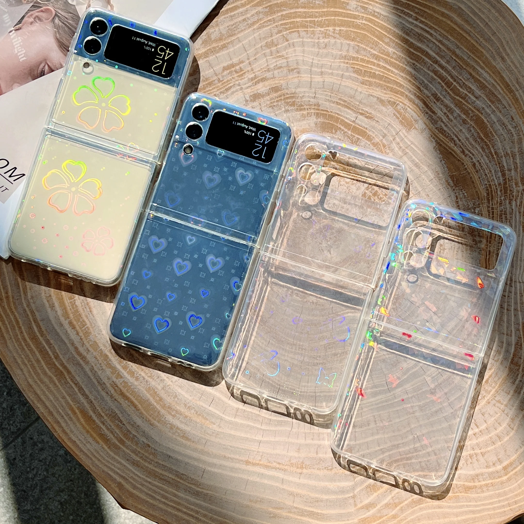 

Z Flip3 Laser Cute Love Heart Flowers Butterfly Clear Hard PC Phone Case For Samsung Galaxy Z Flip 3 5G Gradient Rainbow Cover