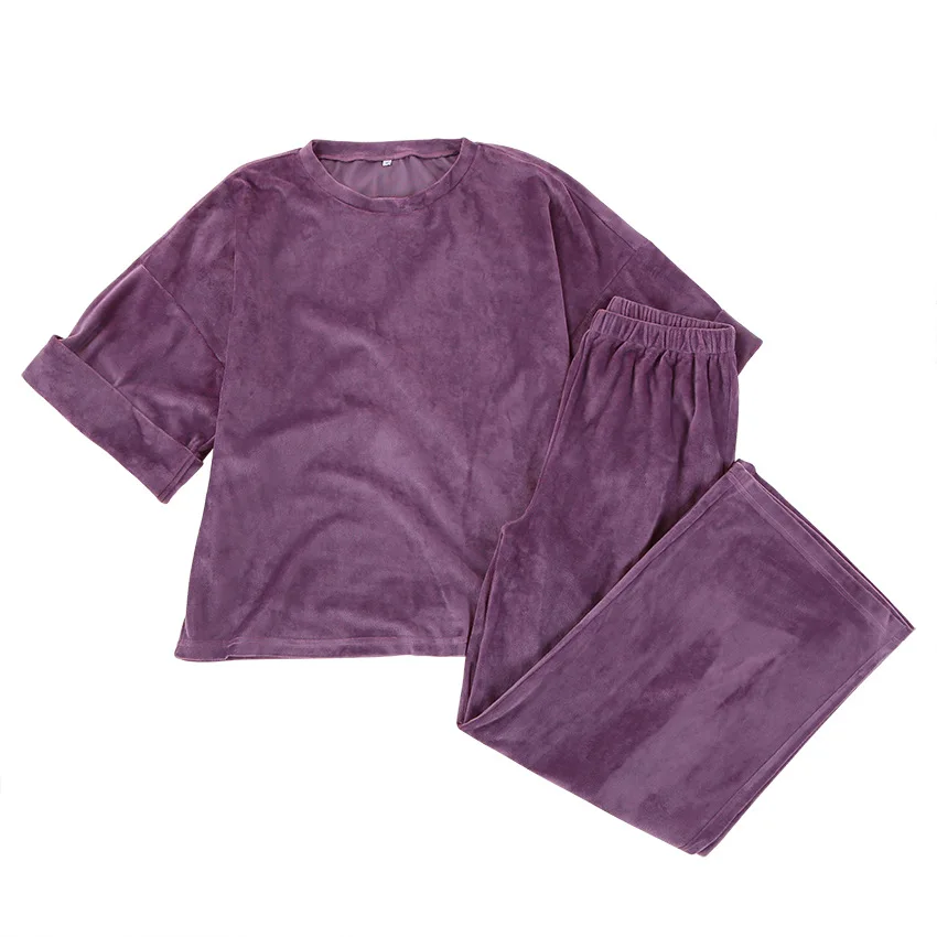 Women 2 Piece Long Sleeve Velvet Sleepwear Pajamas Set Home Clothing Coral Velvet Pajamas Suit European Style Velvet Pajamas
