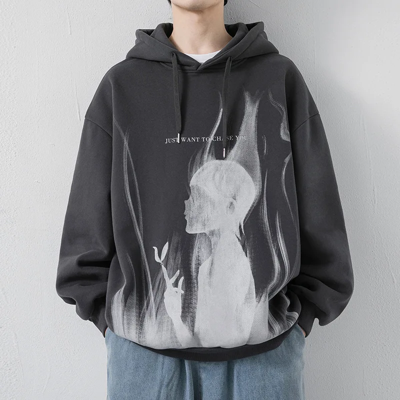 Printed hooded sweater men's 2022 spring new pullover graffiti loose solid color long-sleeved outer top