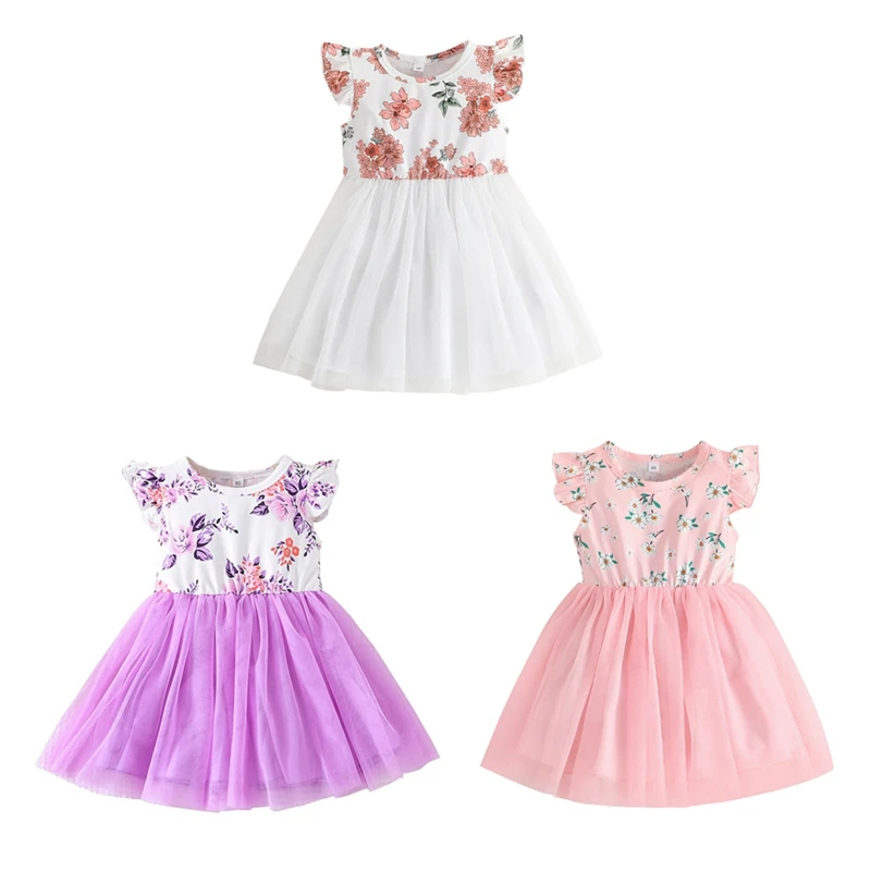 

New Princess Girls Dresses Summer Cotton Fly Sleeve Flower Printed Tutu Kids Dress Girls Dresses Children Clothing 1-5Y
