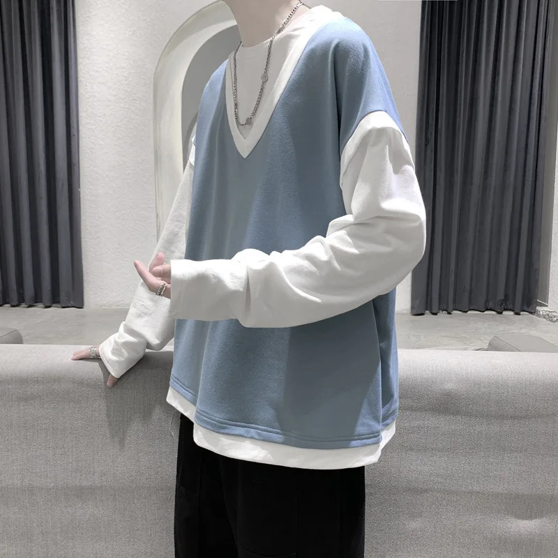 

2022 Spring New Men Long-sleeved Loose Two-piece T-shirt Trendy Sweater Top Clothes Boutique Clothing Clothes for Teenagers