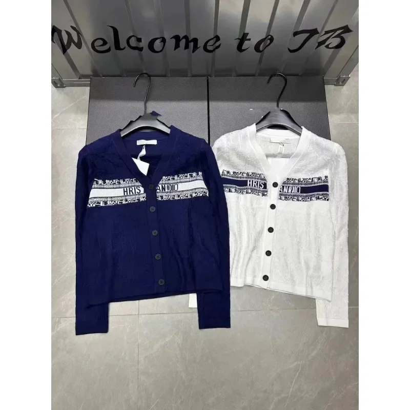 Модный жаккардовый вязаный кардиган с V-образным вырезом и длинным рукавом