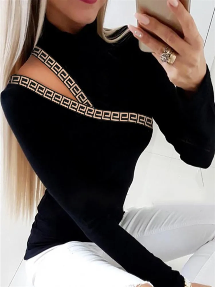 

Модный женский топ 2023 Y2k одежда с геометрическим принтом вырез с длинным рукавом Топ Мои Заказы повседневная одежда женская футболка