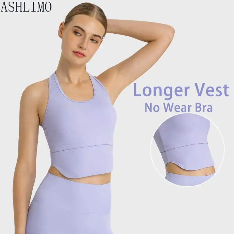 ASHLIMO New Outside Wear Casual Women's Sports Underwear Bra With Chest Pad Fashion Extended Swing Around Yoga Tank Top Female