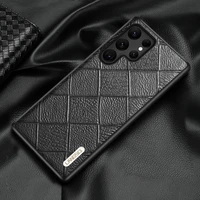 genuine leather phone case for samsung s22 ultra plus s21 s20 fe vintage 3d grids retro rhimbus shockproof armor back cover