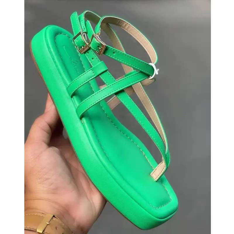 2022 Summer New Women Sandals Square Toe Female Flat Clip Toe Ladies Solid Thick Bottom Buckle Straps Plus Size 43 Sandals Women