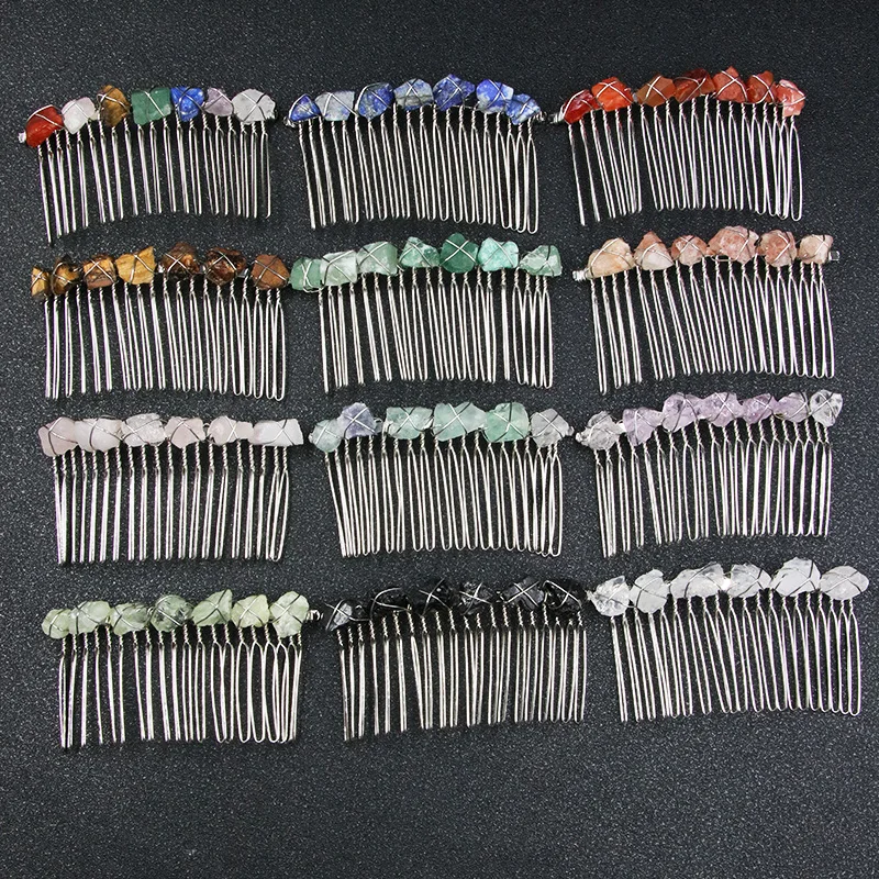 Genuine Irregular Raw Stone Mineral Natural Crystal Hair Comb 1pc Handmade Iron Wire Wrape Hair Accessories For Women Wholesale