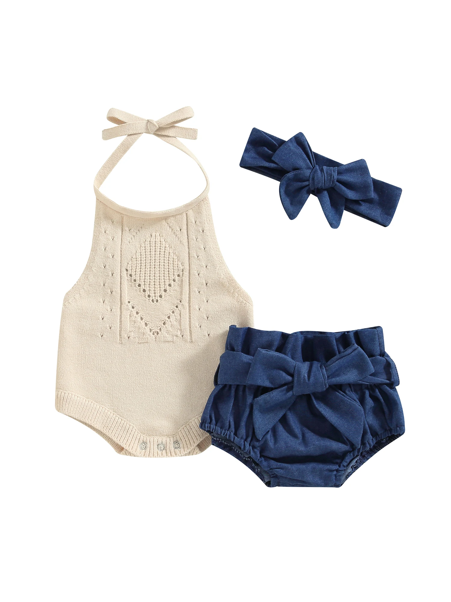 Baby Girl Summer Clothes Shorts Solid Halter Romper Ribbed Knit Sleeveless Bodysuit Toddler Denim Bloomers Shorts