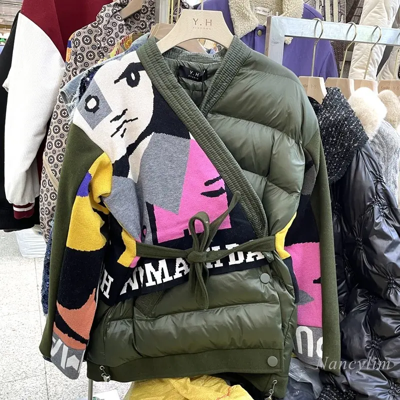 European Winter Parka Women 2022 Winter New Korean Fashion Color Contrast Patch Knitted Letter Pattern Thicken Warm Cotton Coat