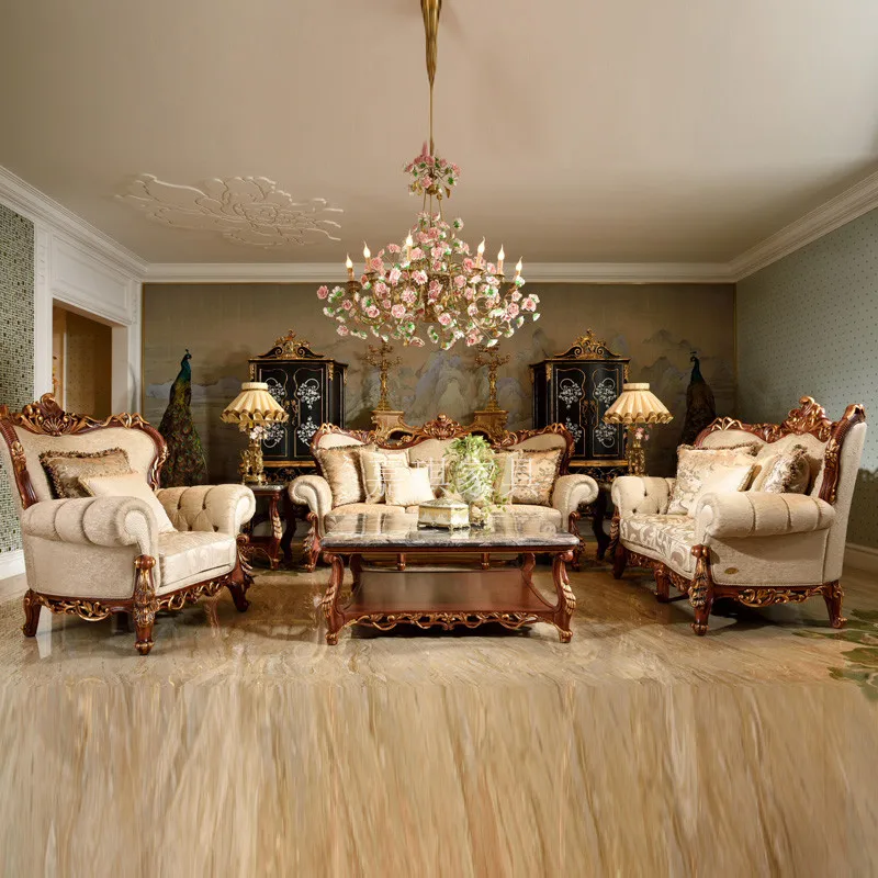

Индивидуальный Европейский роскошный диван 123, комбинированный резной чайный столик из массива дерева, боковой столик, дворец, вилла