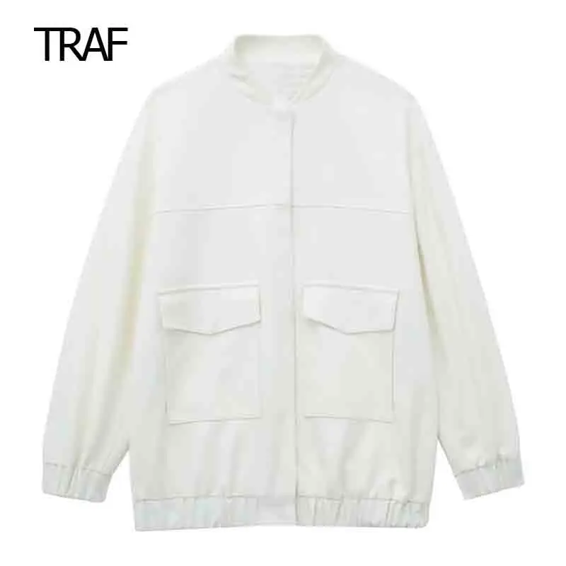 

TRAF Longline Bomber Jacket Woman Autumn 2023 White O-Neck Long Sleeves Pockets Loose Female Coat Vintage Hip Streetwear Jacket