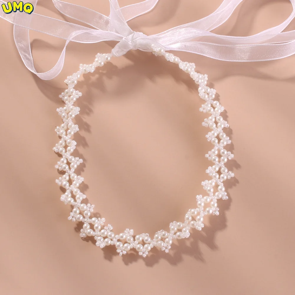 

F2764 Sen Series Girl Temperament Simple Headband Hair Band Imitation Pearl Long Ribbon Exaggerated Clavicle Neck Chain Gifts
