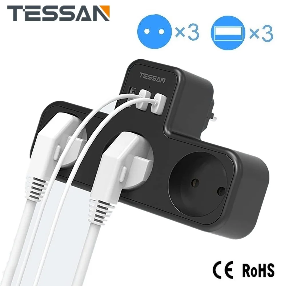 

Настенная розетка TESSAN с 3 розетками переменного тока и 3 USB-портами, 6 в 1, USB-адаптер с защитой от перегрузки для дома и офиса