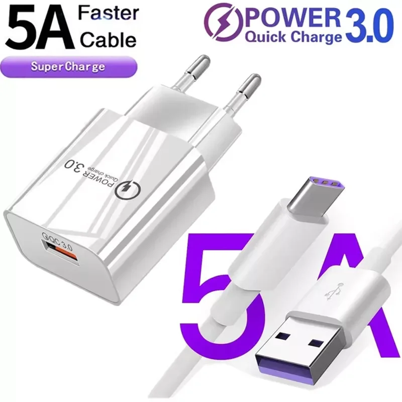 

QC 3.0 USB Charger Wall Travel Fast Charger line For Huawei P50 P40 P30 Y9S Y8S Honor 50 10X 9X lite Phone Charger Type C Cable