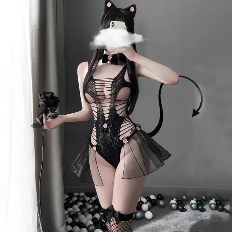 

Fun Lingerie Temptation No Take Off Sexy Jumpsuit Hollowed Out Suspender Perspective Pajamas Role-Playing Uniform Temptation Set
