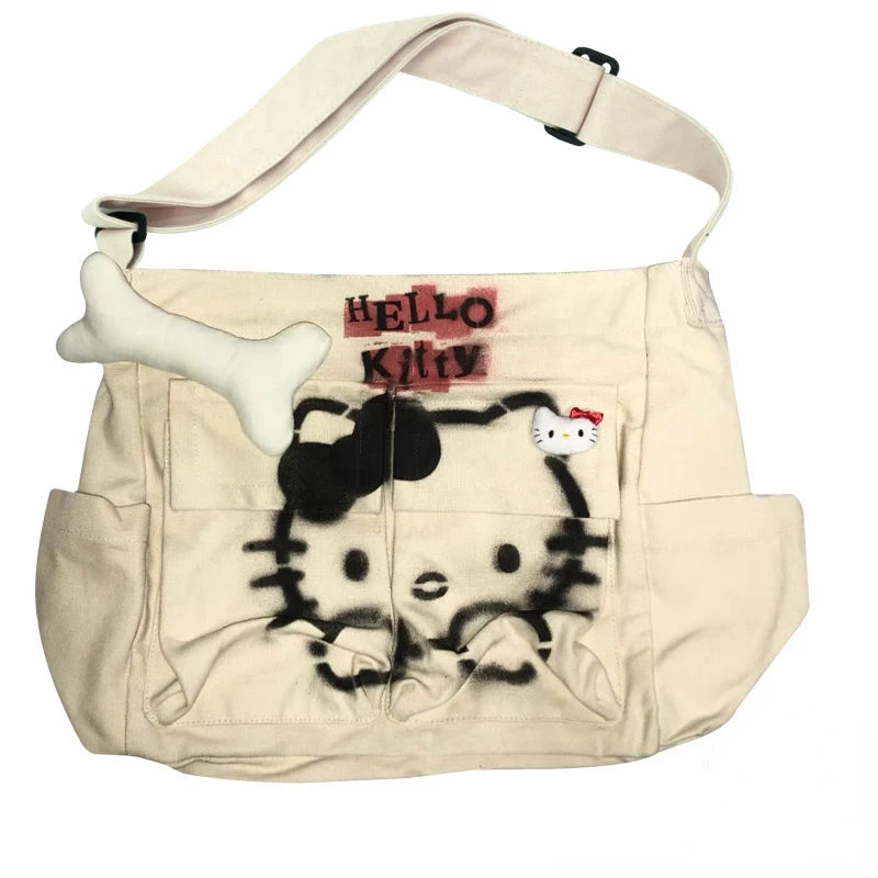 Backpacks for Women  cute Hello Kitty Hand-Painted Inkjet Distressed Cotton Linen Millennium Hot Girl Messenger Trendy Bag