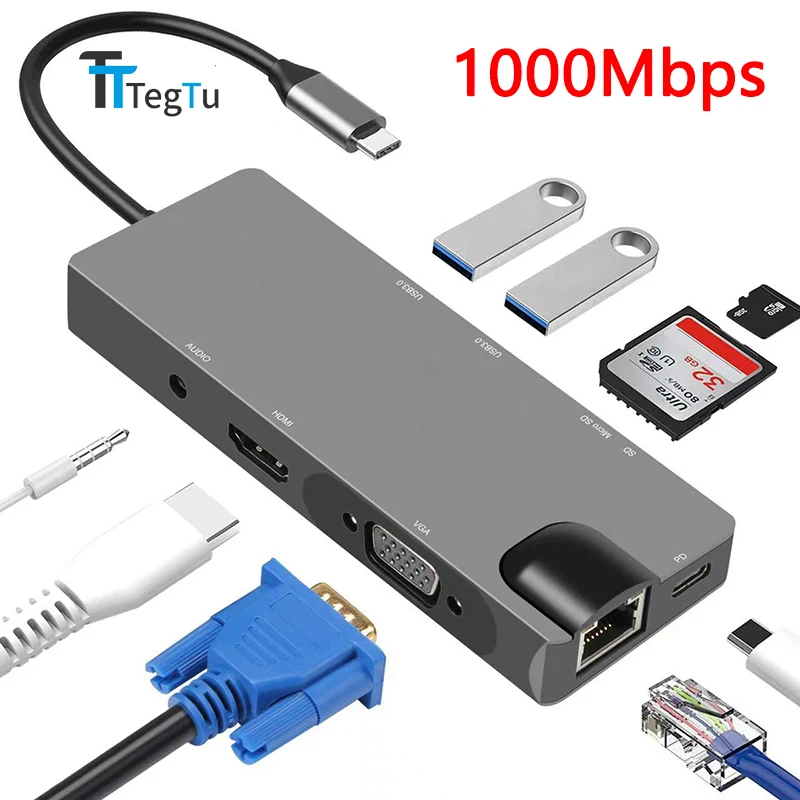 

9 in 1 USB C HUB To HDMI-Compatible USB 3.0 Adapter USB Type C HUB Dock for MacBook Pro Thinkpad PD 1000Mbps RJ45 SD Card Reader