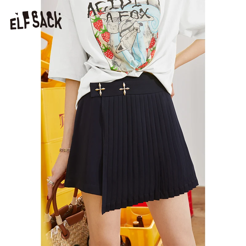 

ELFSACK Black Pleated Skirt Thin Shorts Woman 2022 Summer New ELF Stylish Raw Hem Korean Ladies Basic Daily Bottoms