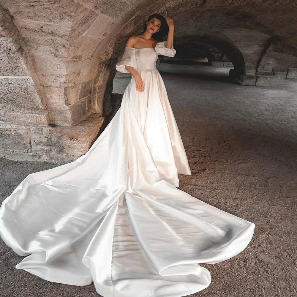 

Doymeny Elegant Strapless Satin Wedding Dress Mermaid For Women 2024 Short Sleeves Backless Bridal Dress With Court Train