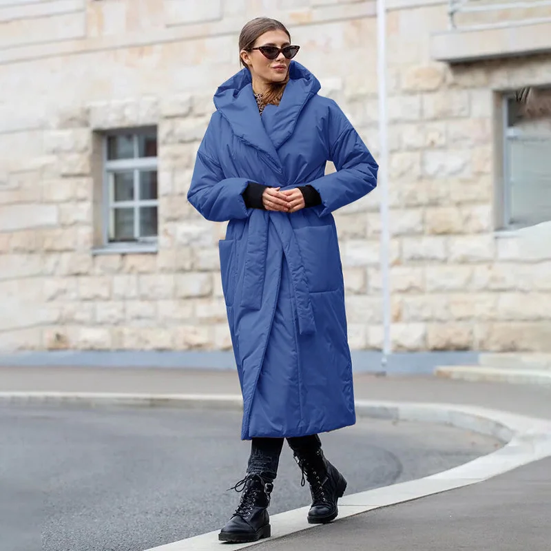 

Snow Thickened Coat Hooded Belt Long Cotton Clothes Women's Autumn 2022 Solid Color Cotton Clothes
