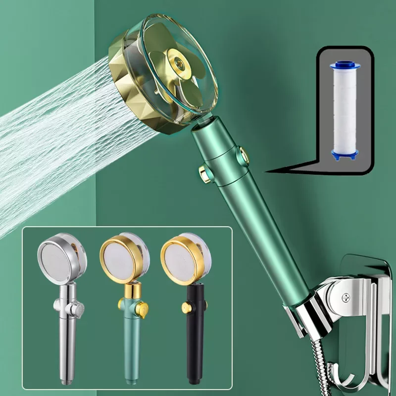 

2023NEW New Turbocharged Shower Head High Pressure Style Green High Pressure Rotate Shower Head with Holder and Hose Propeller