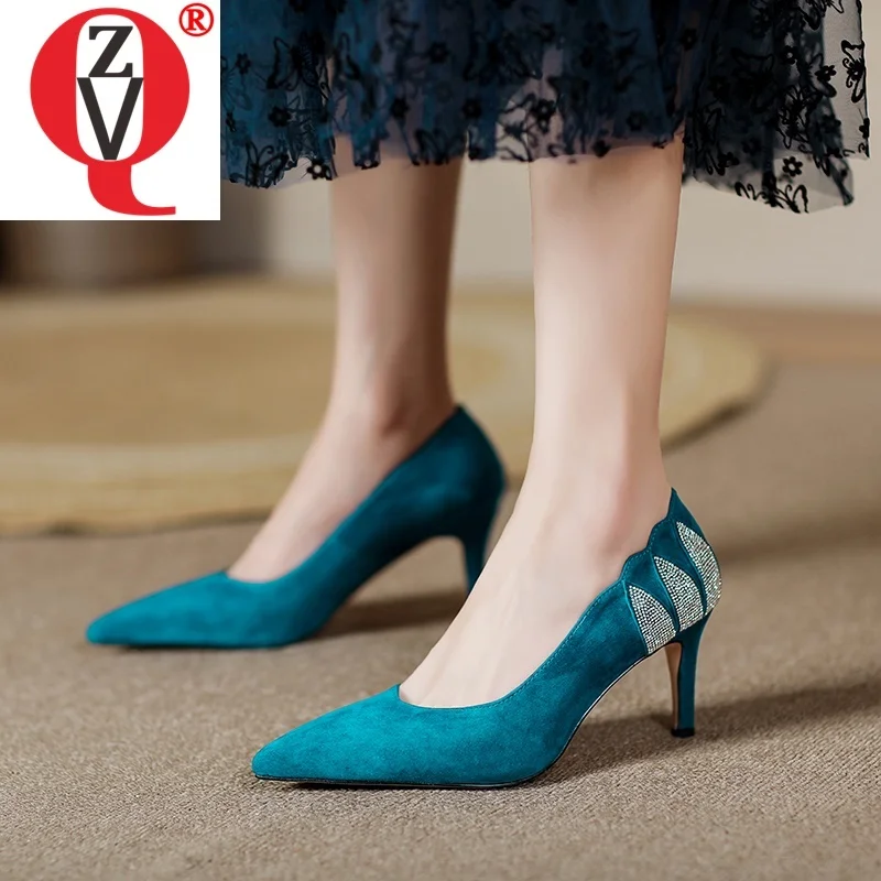 

ZVQ Sheep Suede Black Blue Fashion Pumps Crystal Decoration Pointed Toe Thin High Heels Office Ladies Spring Dress Shoes