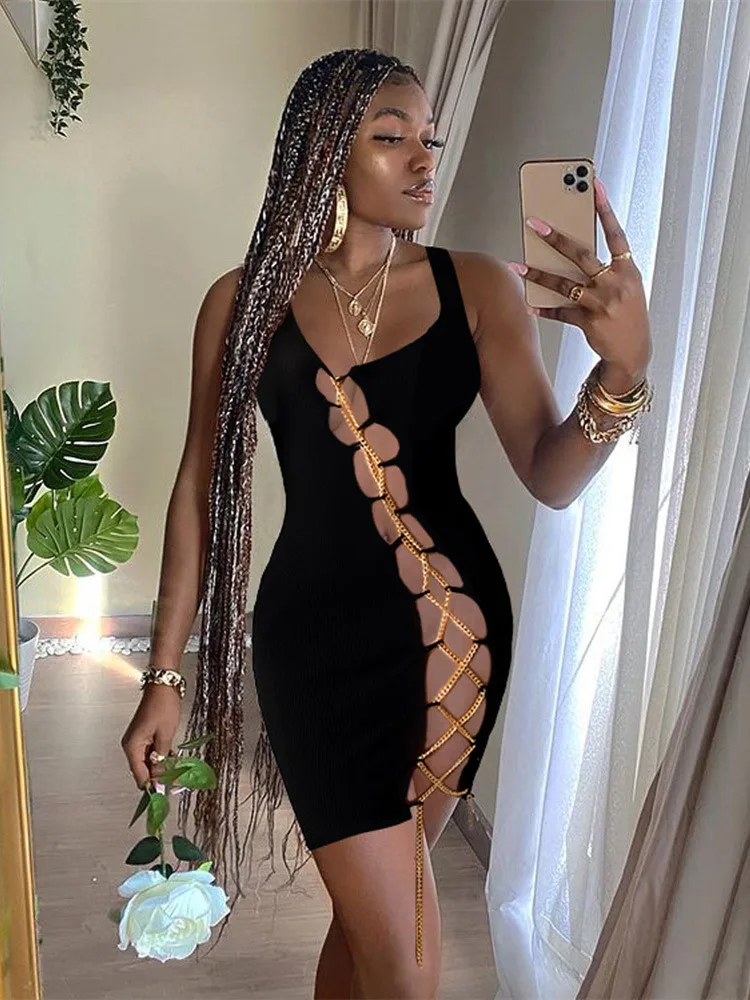 

WJFZQM летние мини черные платья для женщин 2022 без рукавов с вырезами цепочка облегающее платье сексуальное клувечерние вечернее розовое сине...