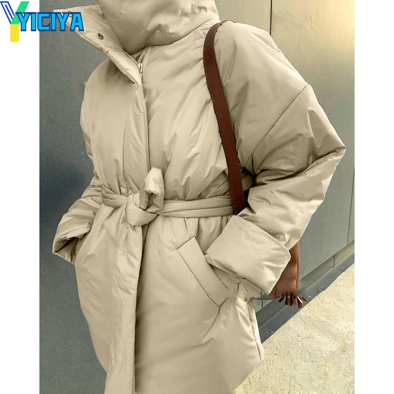YICIYA Parkas For Woman 2023 Casual Collected Waisted Fashion Coat Women Elegant Spring Stand Collar Cotton Jacket Female Ladies