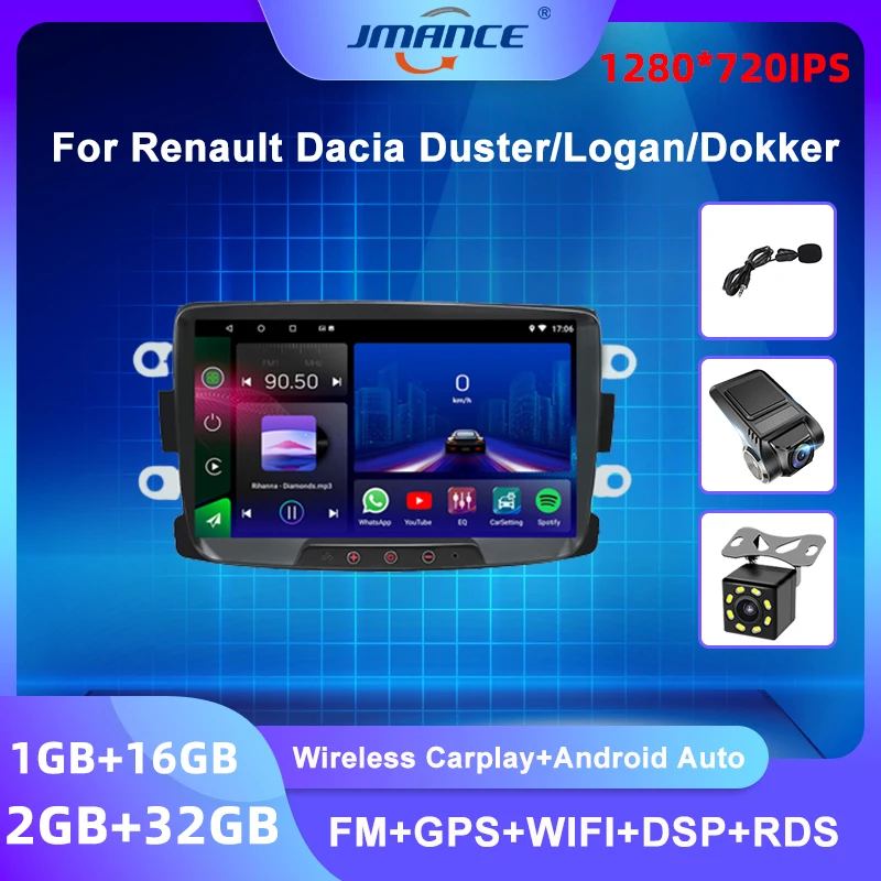 

JMANCE 1280*720 IPS 8'' For Renault Dacia Duster/Logan/Dokker Android 10 Carplay DSP FM/AM/RDS Navigation GPS Multimedia Player