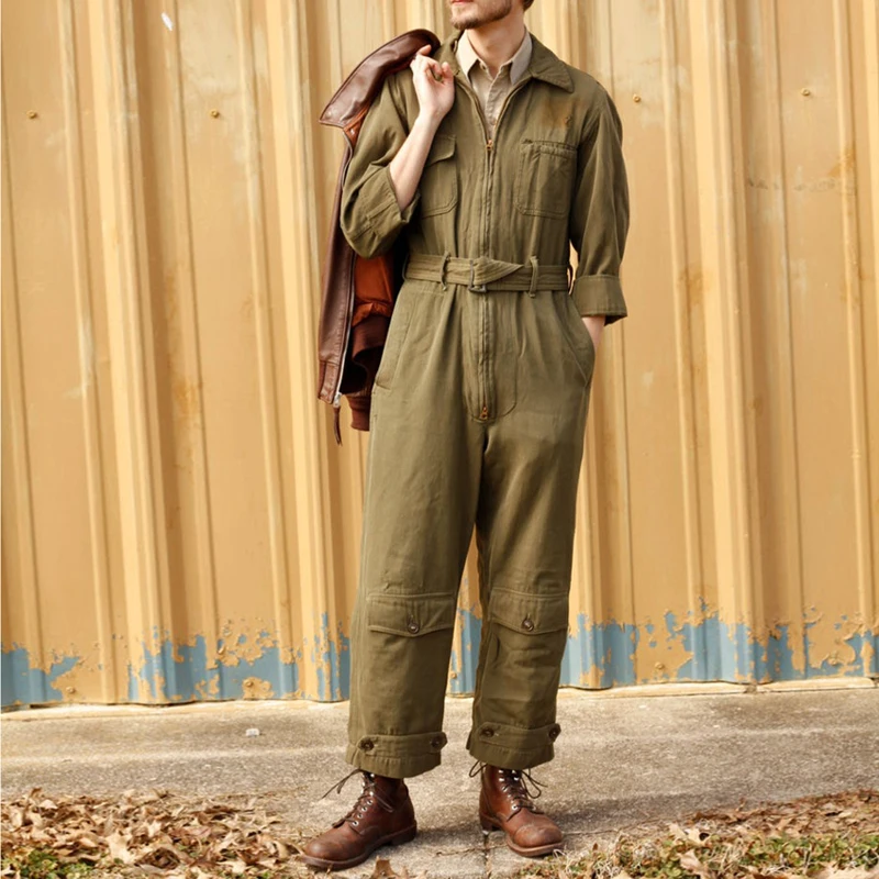 Army khaki twill cotton jumpsuit spring and autumn new long-sleeved trousers overalls
