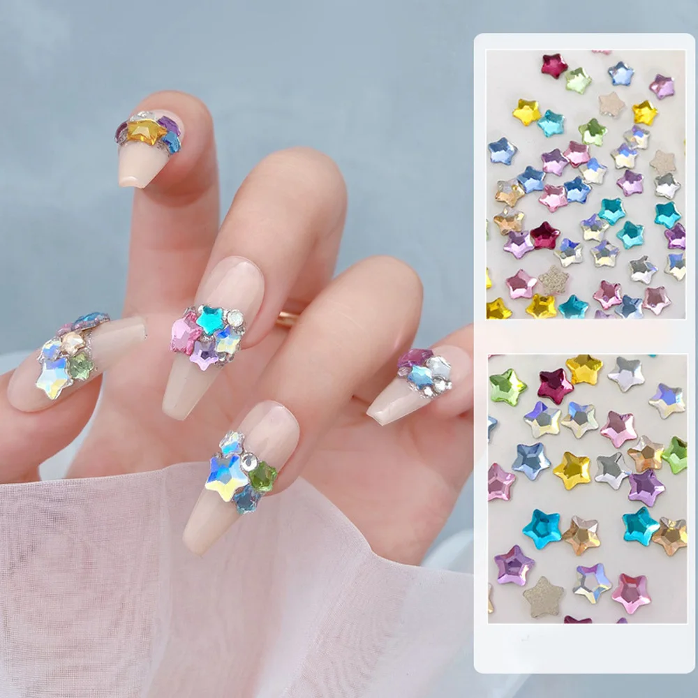 

3D Sky Twinkle Star Nail Art Gems 50pcs Mix Color Wishing Pentagram Rhinestones 4/6mm Flatback Lucky Crystal Star Manicure Parts