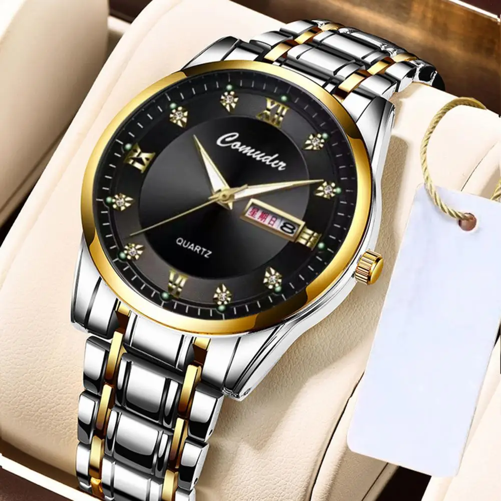 

Men Quartz Watch Luminous Waterproof Roman Numeral Pointer Display Precise Calendar Stainless Steel Belt Male Quartz Wristwatch