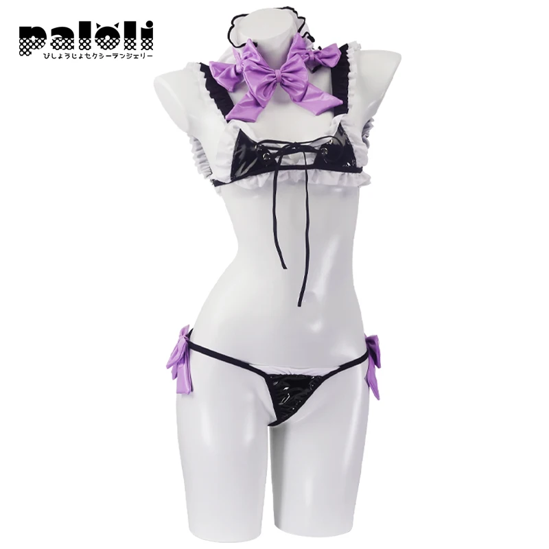 Paloli Lingerie Maid Bra Panty Set Girls Cosplay Cute Costume Three Point Hollow Out PVC Bikini Suit Exotic Anime Outfit 2022NEW |