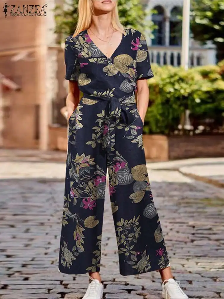 

ZANZEA Summer Short Sleeve Rompers Women V Neck Widel Leg Jumpsuits Casual Loose Overalls Vintage Floral Printed Party Playsuits