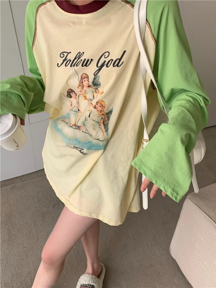 

ADAgirl Vintage Angel Print Women Graphic T-shirts Patchwork Kawaii Long Sleeve Tees Female American Retro Y2k Top Clothing 2023