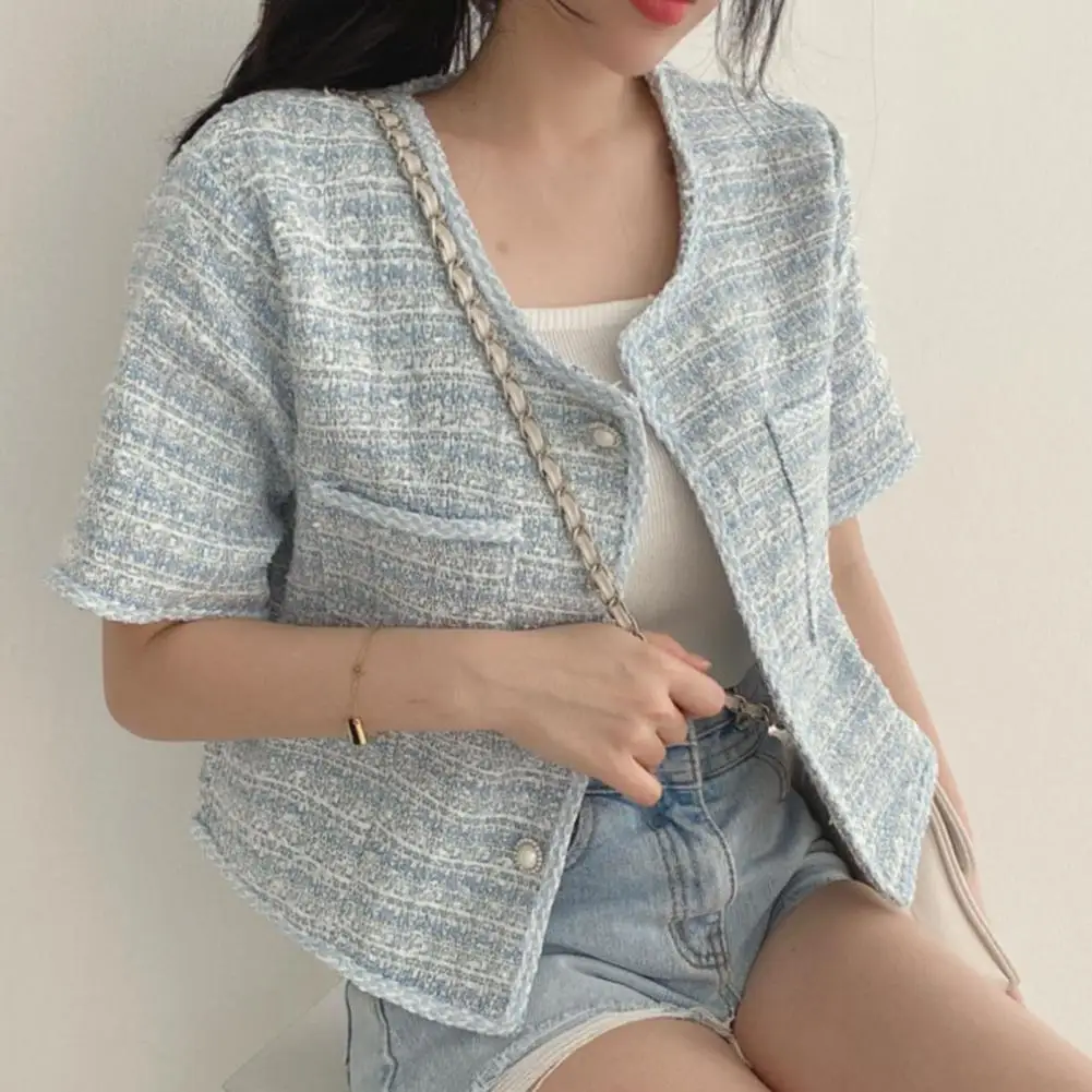 

Style Coat French Style Elegant Women's Short Sleeve Single-breasted Chic Color Matching Jacket for Spring Fall Women Coat
