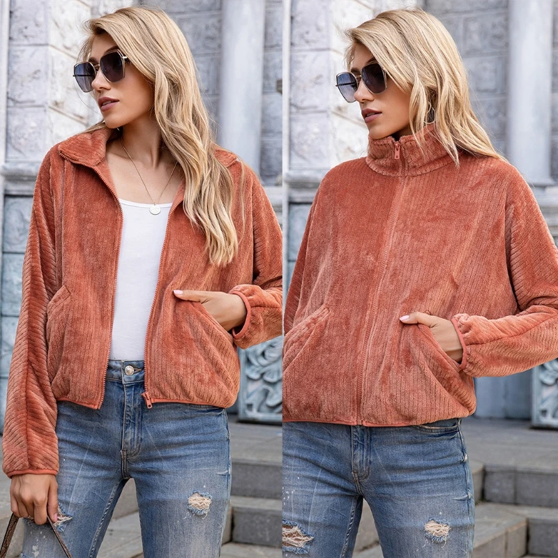 

Женская зимняя теплая куртка с длинным рукавом и отложным воротником, однотонное Фланелевое пальто в рубчик на молнии, Повседневная Свобод...