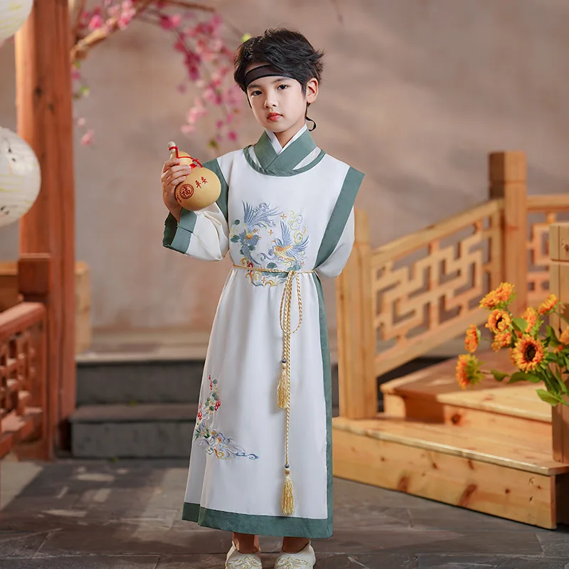 

Китайский стиль, Улучшенная вышивка с белыми птицами, Hanfu 2022, осенняя сценическая одежда для древнего мальчика