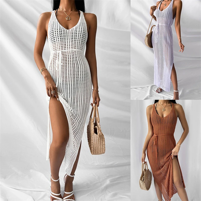 

Crochet Tunic Knitted Kaftan Sexy Backless Vestidos Hollow Out Robe Long Beach Dress Slit 2023 Outer Cover Women Cover Ups Swim