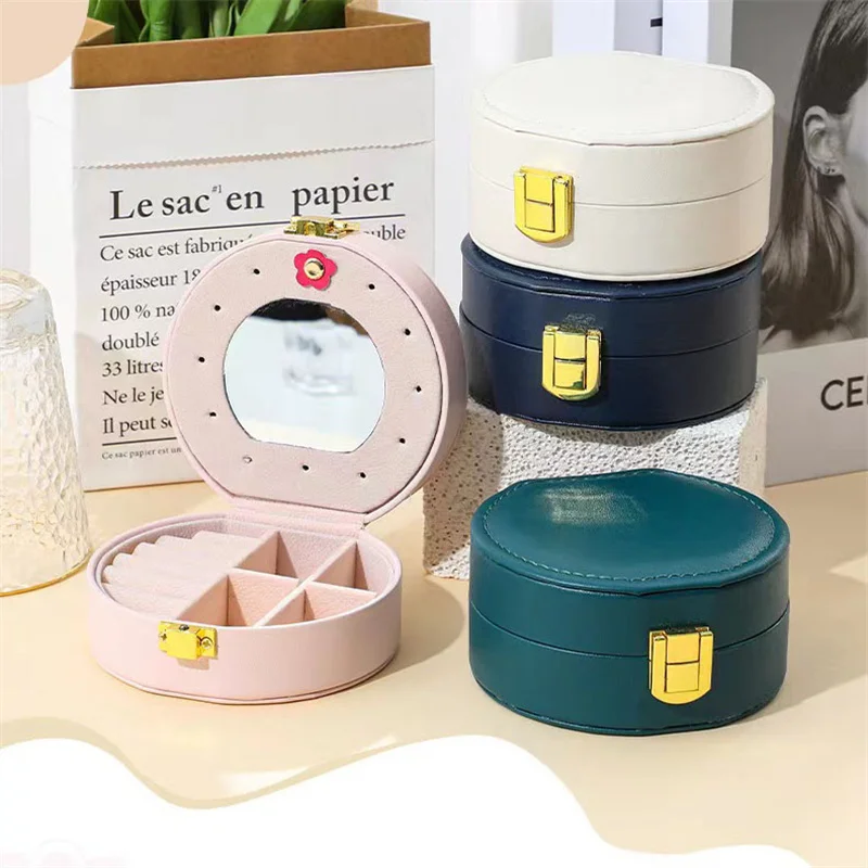Luxury Double Leather Jewelry Storage Box Round Portable Bracelet With Mirror Earrings Ring Jewelry Case Jewelry Organizer