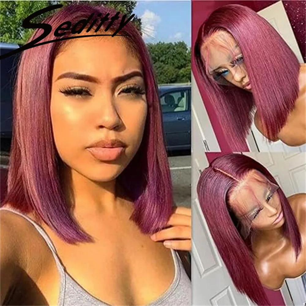 99J Бордовый Короткий Боб Парик Человеческих Волос 13x4 Фронта Шнурка Бразильские