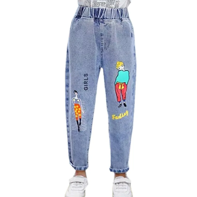 

2023 Fashion Cartoon Jeans for Girls Teenage Children Jeans Elastic Waist Denim Pants Kids Trousers for Girls Kids Clothes 4-13T